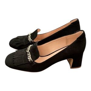 Kate Spade Molly | Kate Spade Black Suede Fringe Block Pump with Chain Detail